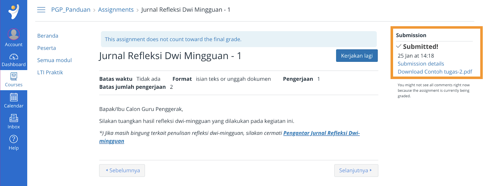 Tampilan setelah upload file setelah menulis Jurnal Refleksi Dwi Mingguan Modul 1.1